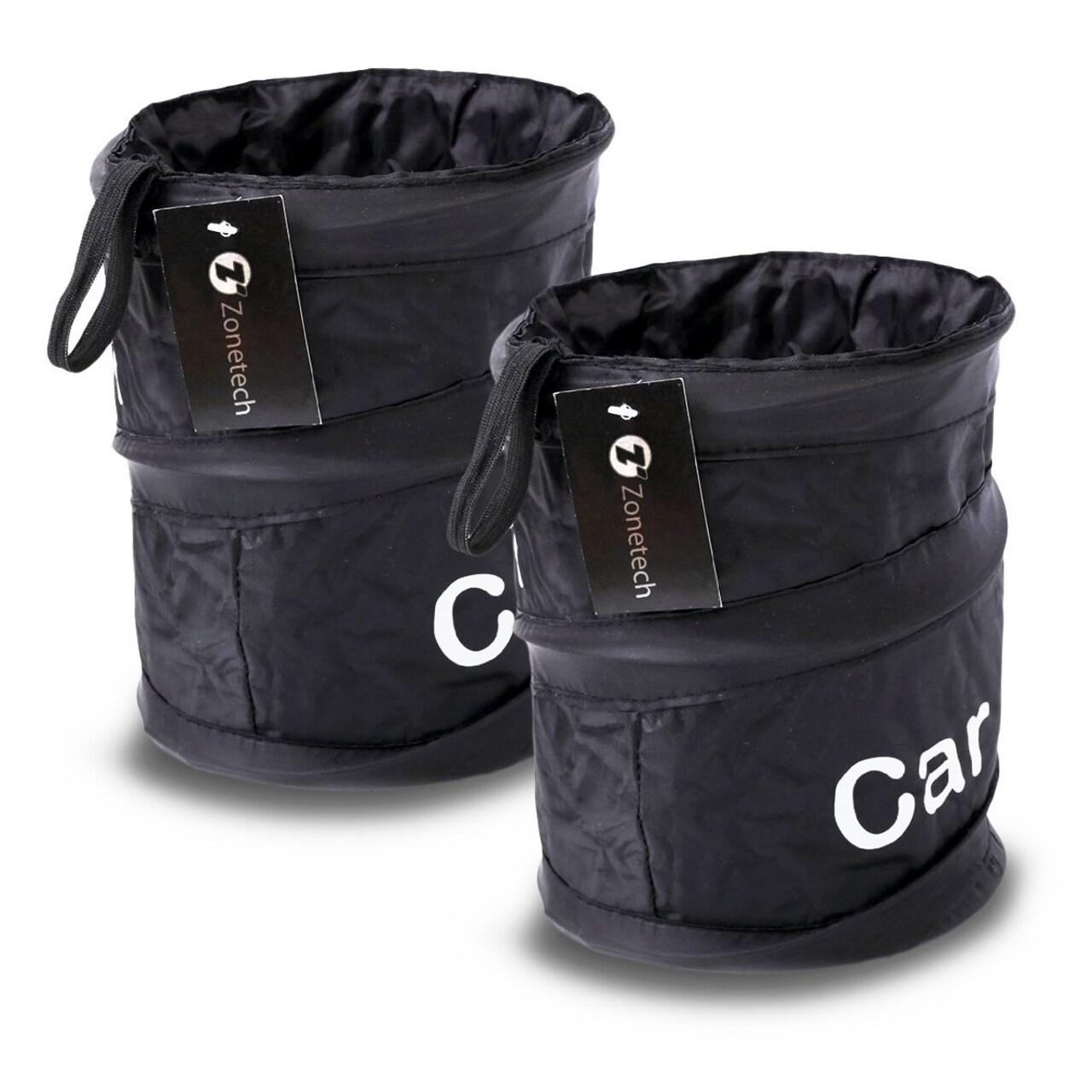 Zone Tech 2-Pack Universal Traveling Portable Car Trash Can Black Collapsible Pop-Up Leak Proof Garbage Litter Bin Bag